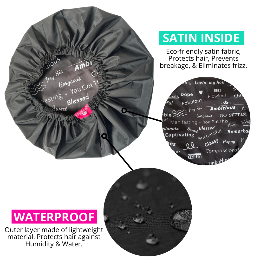 Shower Cap - Extra Large, Black, Satin lined inside, Reversible bonnet, Waterproof outer layer, Adjustable Strap, Reusable, for Women